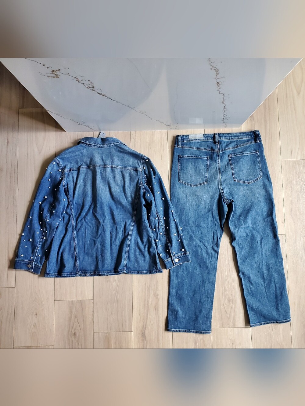 Chicos Suit Set Womens 16 Blue Denim Jacket Jeans Pearl Embellished 2 Piece Set - Picture 5 of 9